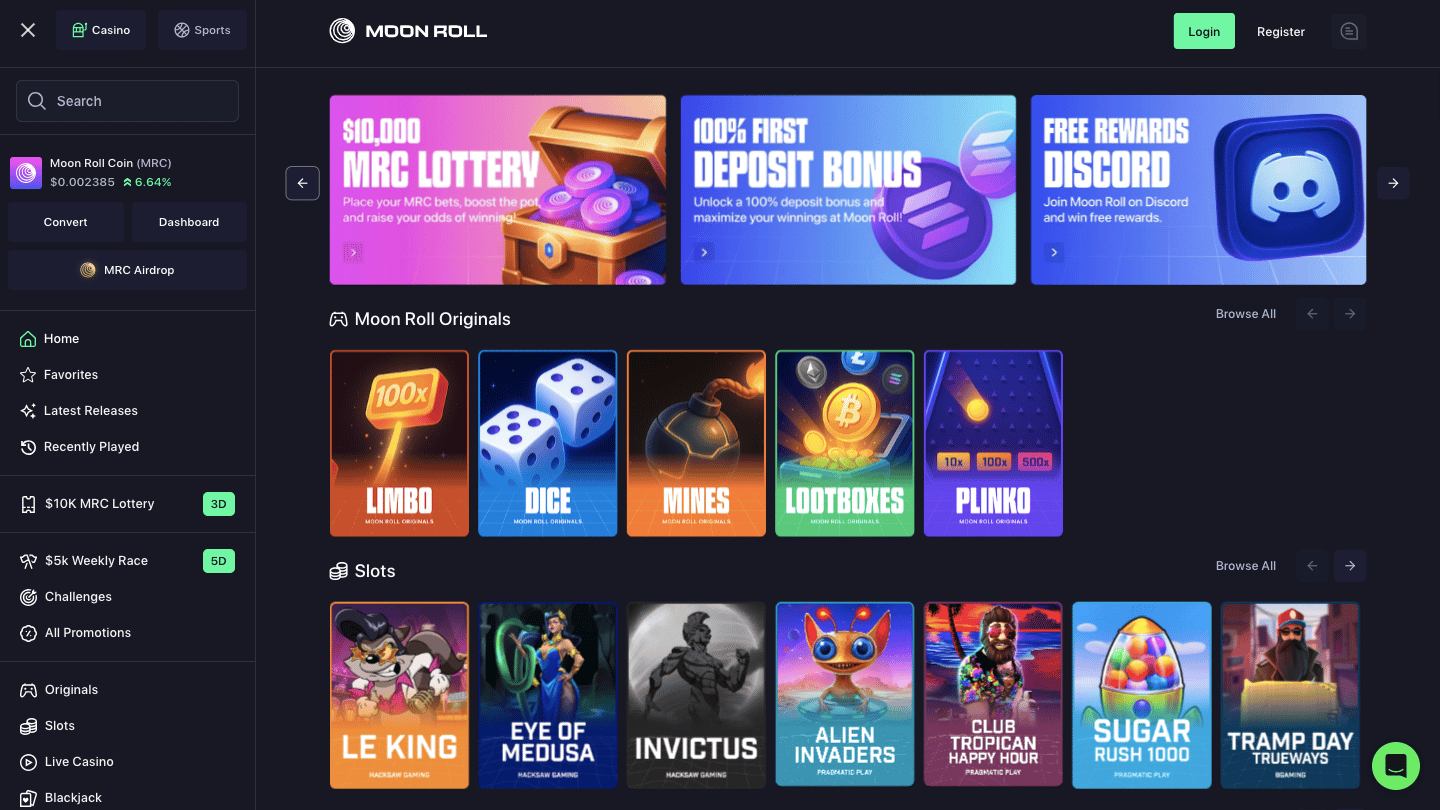 Moonroll.io Promo Code is NEWBONUS